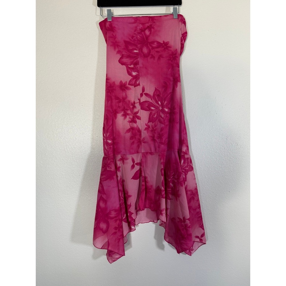 Wrapper Vintage Pink Floral Strapless Ruched Handkerchief Hem Midi Dress Large